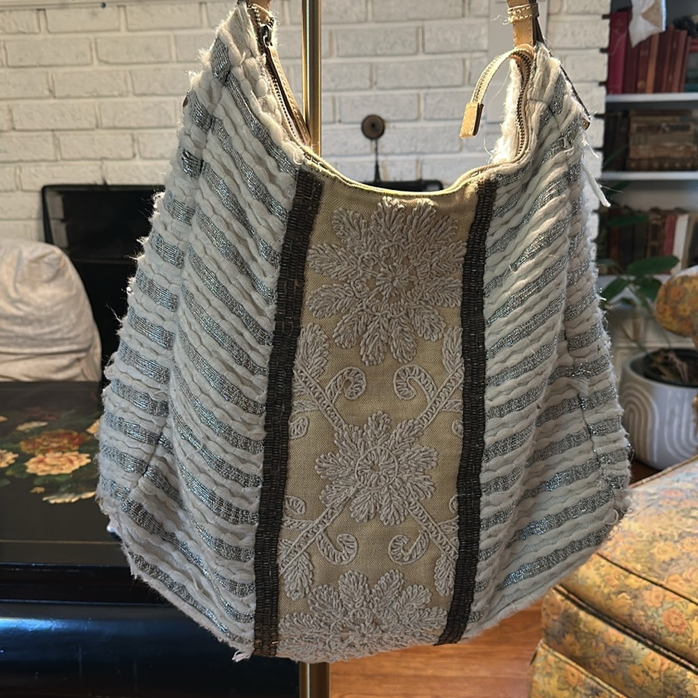 Anthropologie Jasper & Jeera Elegant Cream and Gray Embroidered Beaded Bag - Picture 8 of 14
